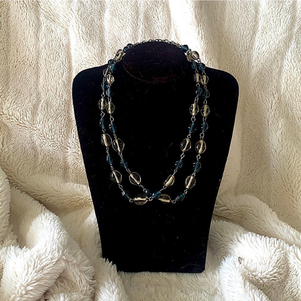Vintage adjustable Two-Tone Blue Clear Art Glass Bead Dual Necklace #332